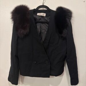Vintage Black Blazer with Fur Trim
